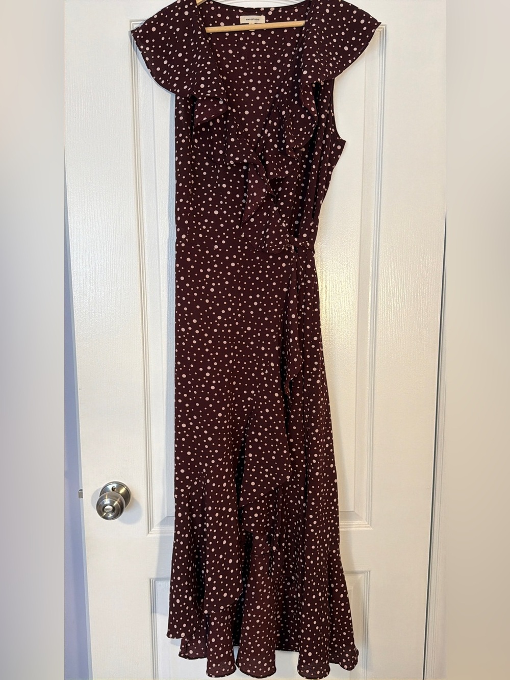 Max Studio Brown Polka Dot Ruffle Wrap Midi Dress Size L